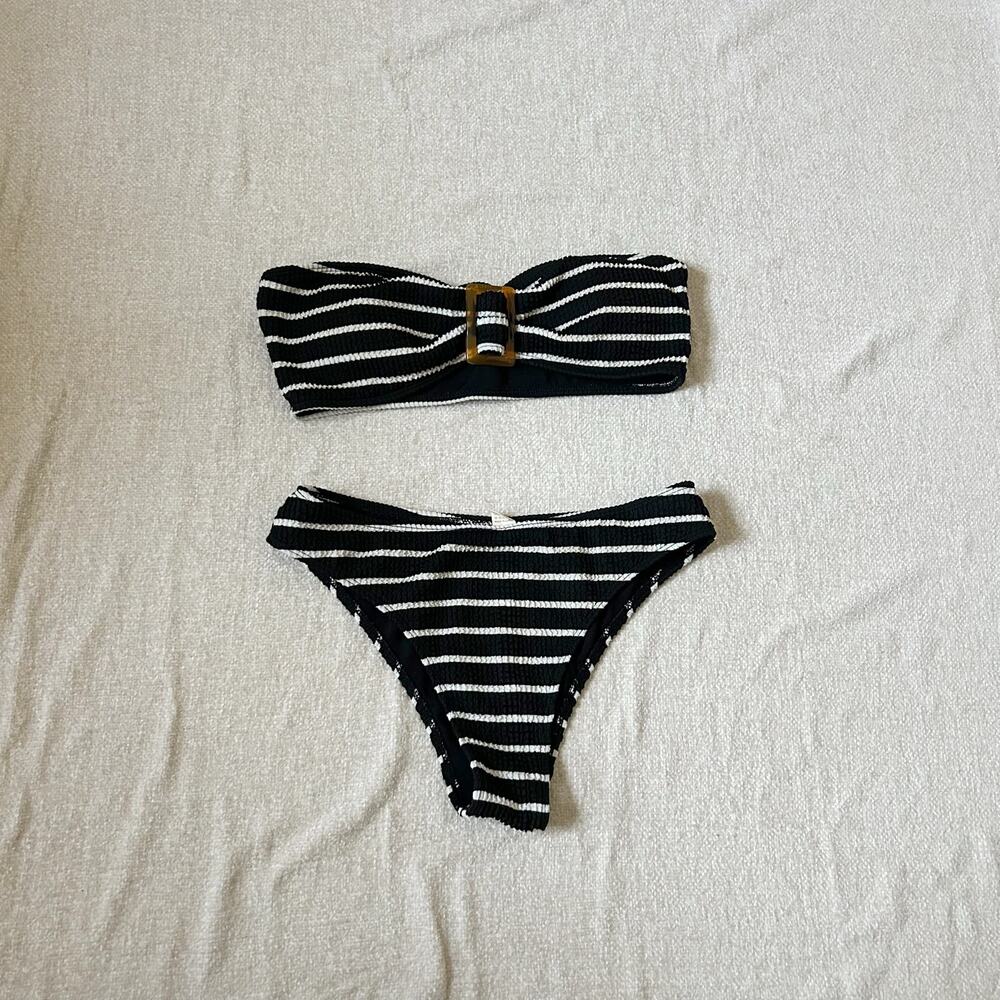 black and white striped pattern strapless bikini